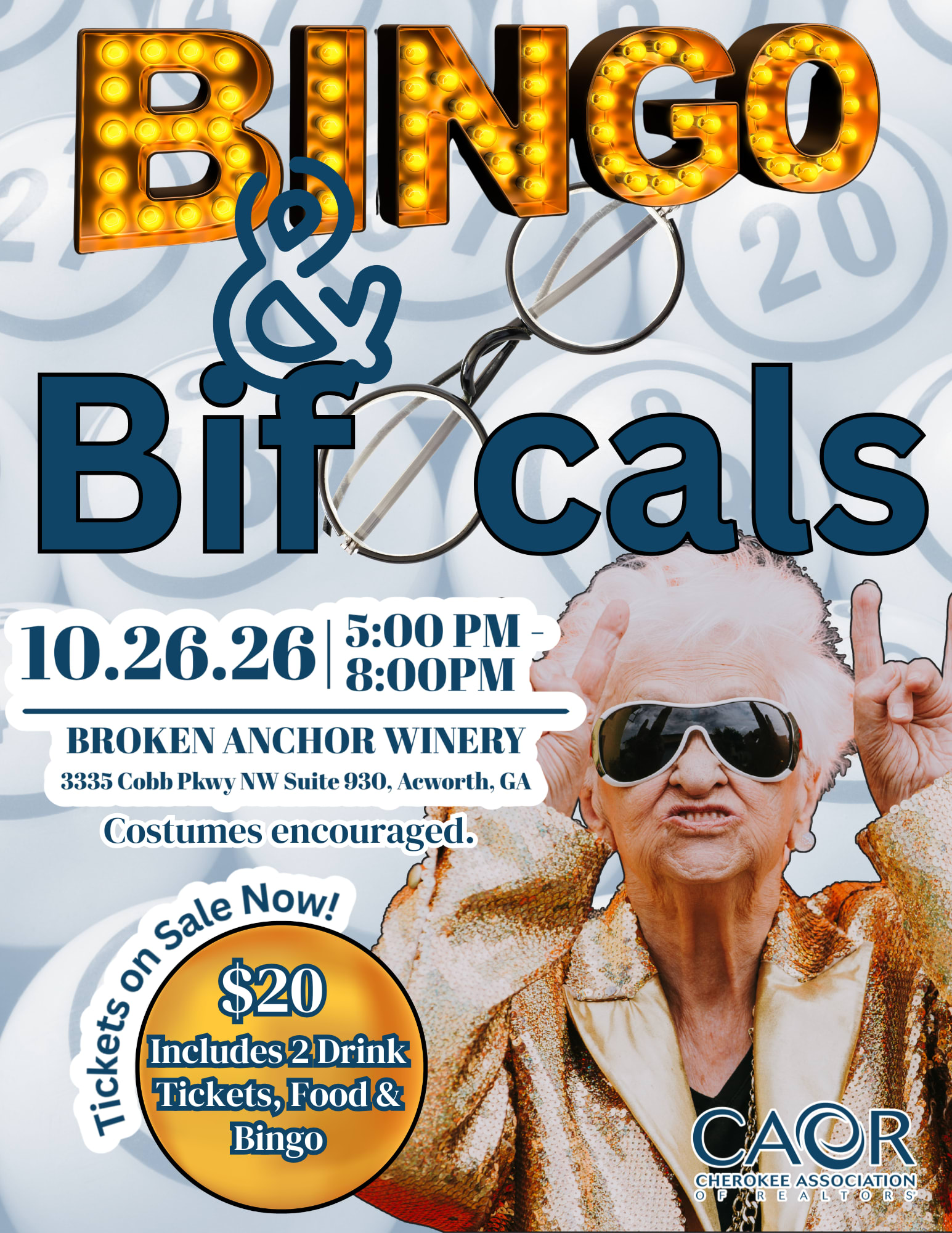 Lady with rock sign held up and bingo balls behind